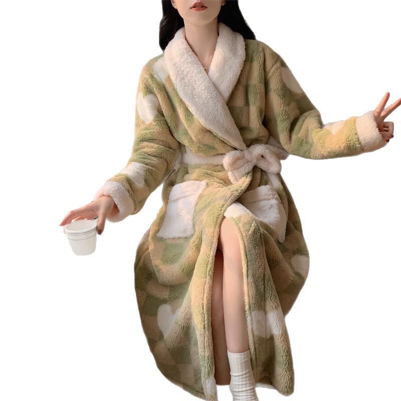 Autumn/Winter Women's Coral Fleece Bathrobe: V-neck, Belted, Long Sleeves, Mid-length, Sweet Style, Warm Homewear.