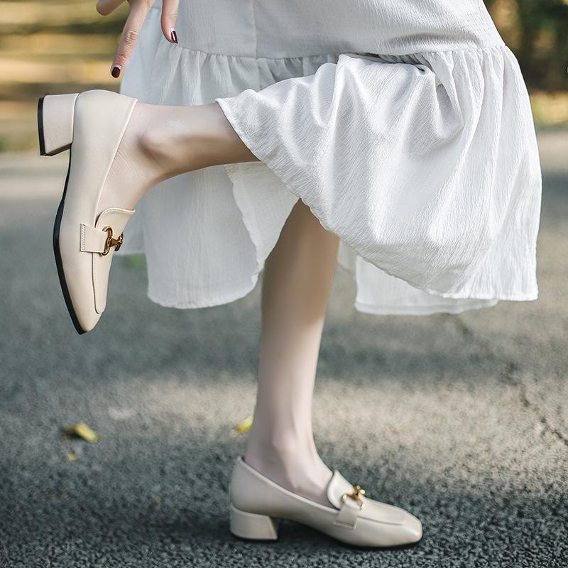 Coarse Heel Soft Sole Black Small Leather Shoes Women's Square Head Middle Heel Versatile Single Shoes Spring and Autumn New Models