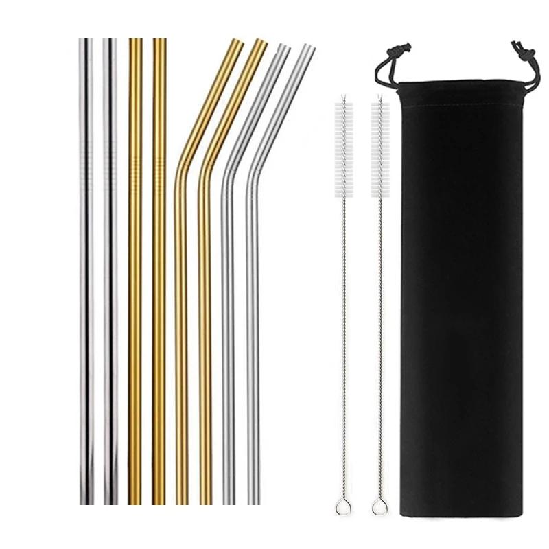 8 Pcs Metal Reusable 304 Stainless Steel Straws Straight Bent Drinking Straw with Bag Cleaning Brush Set Party Bar Accessory