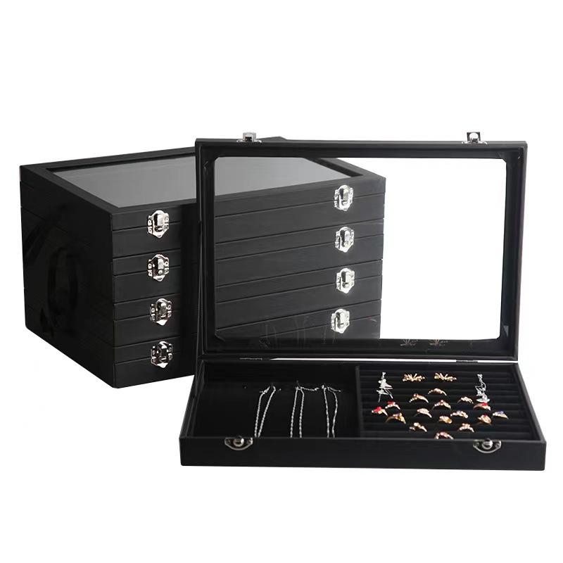 Pu Black Leather Jewelry Box Jewelry Display Box with Lid Transparent Dust Ring Earrings Necklace Bracelet Storage Box