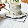 French Romantic Ins Style, Ceramic Cups and Saucers, Coffee Cups with High , Afternoon Teacups, Desserts with High Handles, Small Floral Blue Flowers.