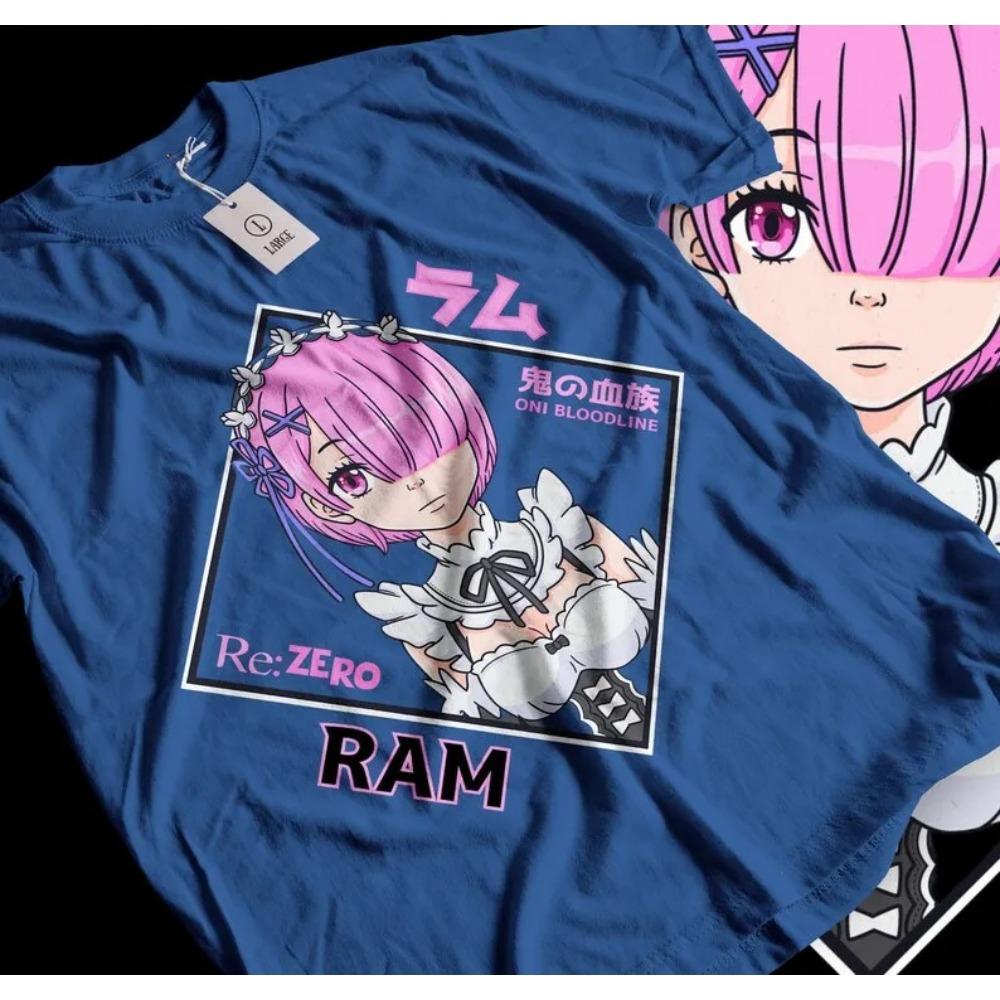 Re:ZERO -Starting Life In Another World- Ram "Oni Bloodline" Maid Outfit Print T-Shirt | Unisex Cotton Casual Short Sleeve Anime Streetwear Top