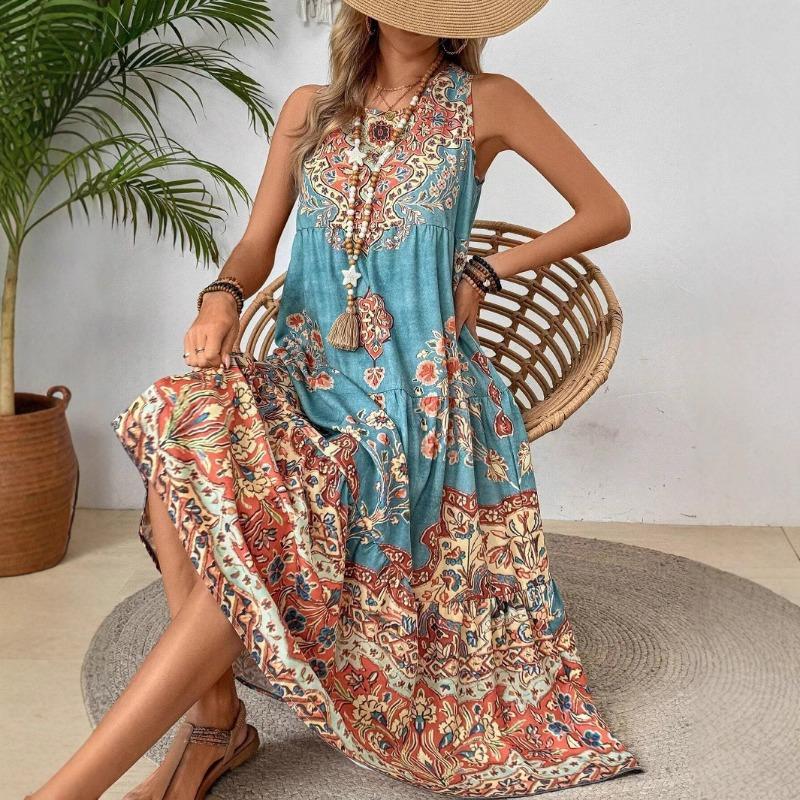 Printed Sleeveless V-neck Vest Dress Fashion Vacation Loose A-line Vintage Bohe Dress for Women O Neck Summer Elegant Fashion Casual Simple Clothing