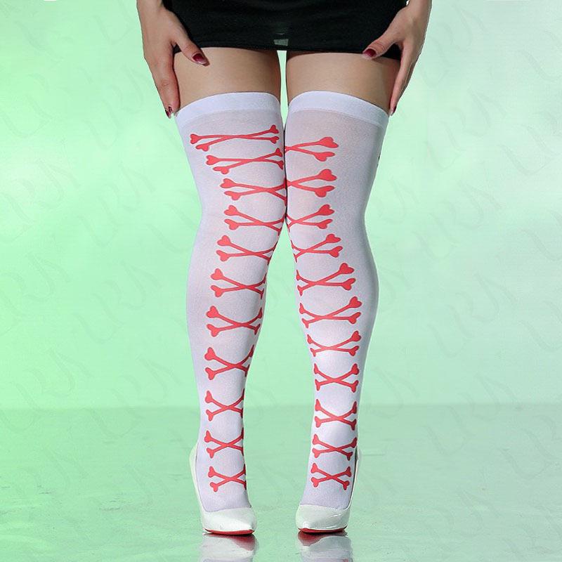 Skull Print Thigh-High Halloween Stockings – Polyester Over-the-Knee Socks