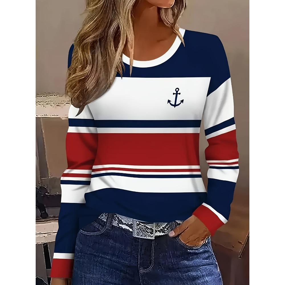 Ladies' Autumn and Winter New Casual Striped Pattern Round Neck Long Sleeved T-shirt Top