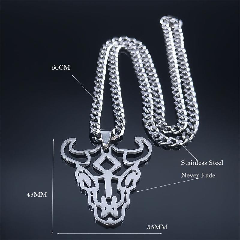 Hip Hop Animal Bull Head Pendant Necklace Men Stainless Steel Silver Color Skull Ox Bone Chain Amulet Jewelry Collar ZZZ3574-QKC