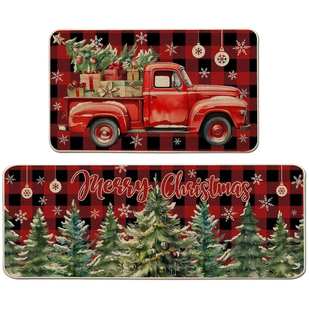 2pc  Christmas American Retro Red Truck Carpet Home Decor, Non-Slip And Dirt-Proof, Kitchen And Dining Room Floor Mats Set