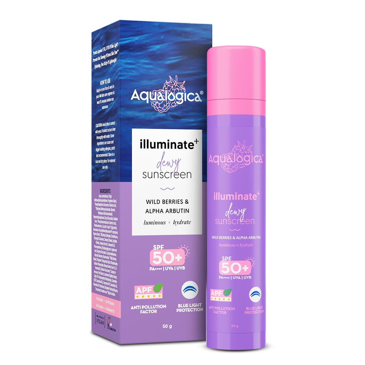 Aqualogica Illuminate+ Dewy Sunscreen SPF 50+ PA++++ 50 g Pack of 1 Broad Spectrum UV & Blue Light Protection