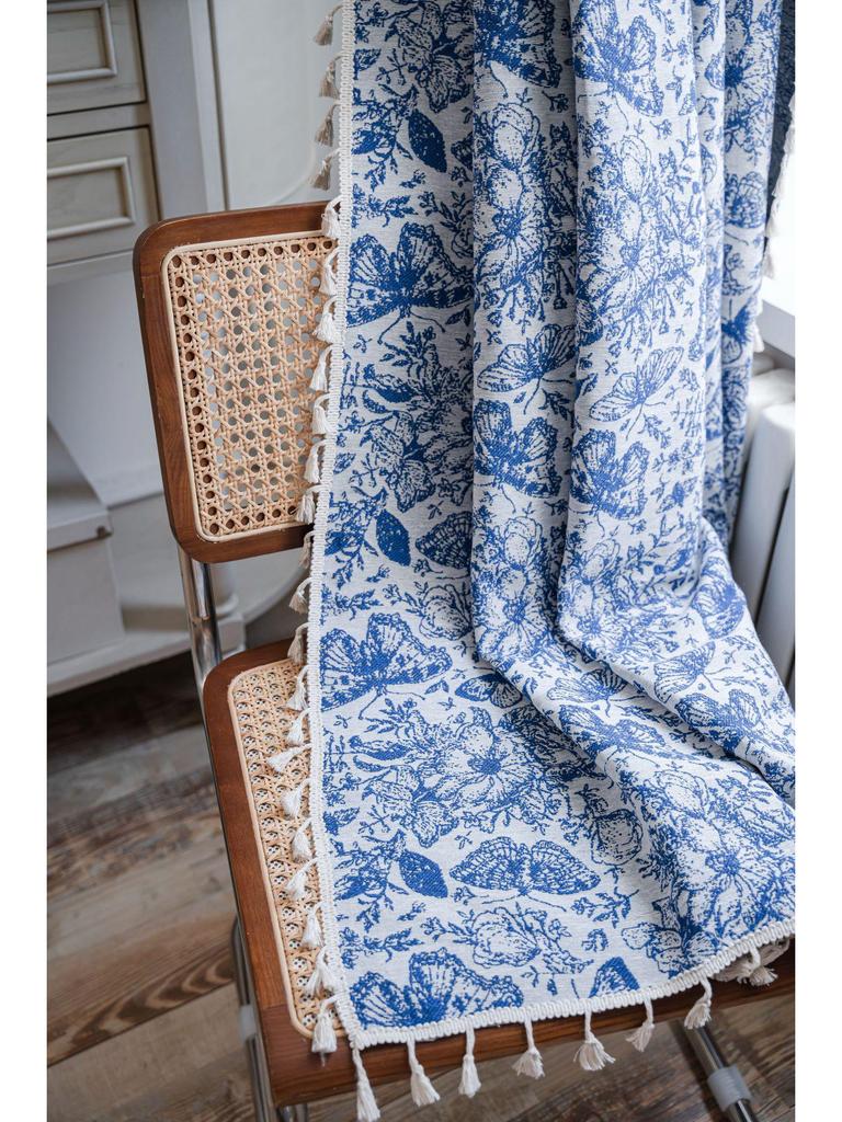 Imanqi Yun Blue Butterfly Jacquard Tassel Semi-Blackout Curtains for Kitchen or Bay Window