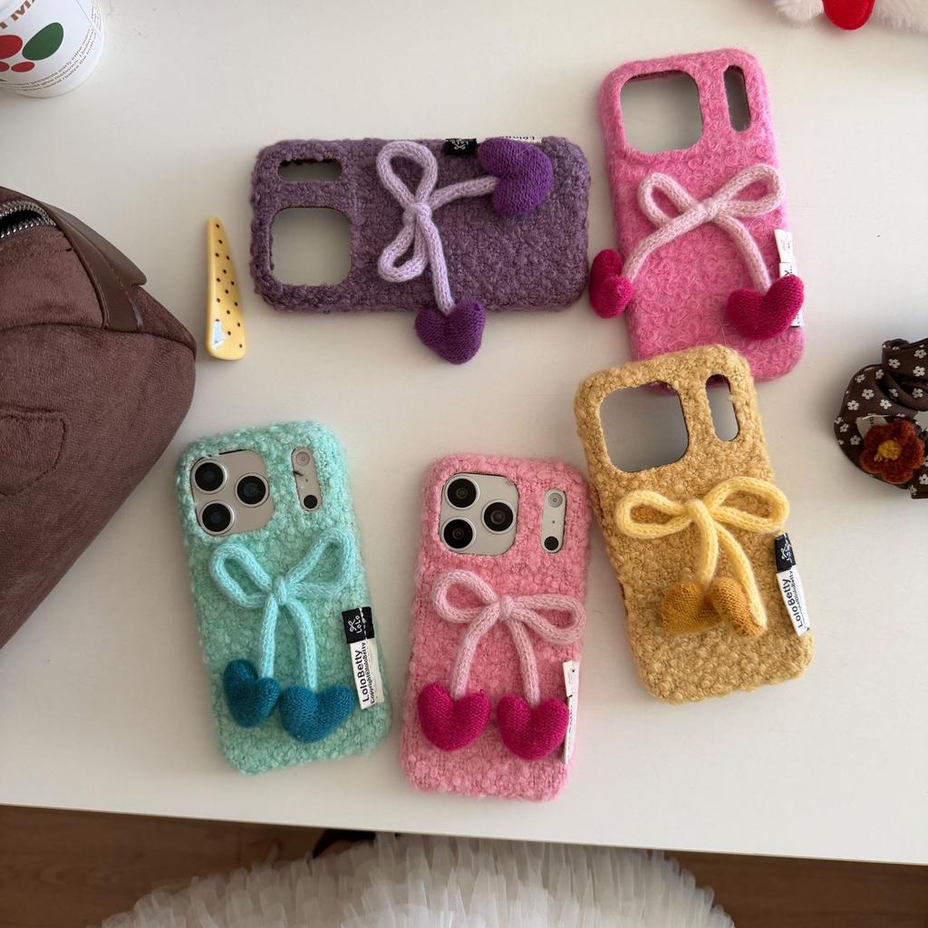 Ins plush love bow for iPhone17 mobile phone case Apple 16promax fashion 15/14/13