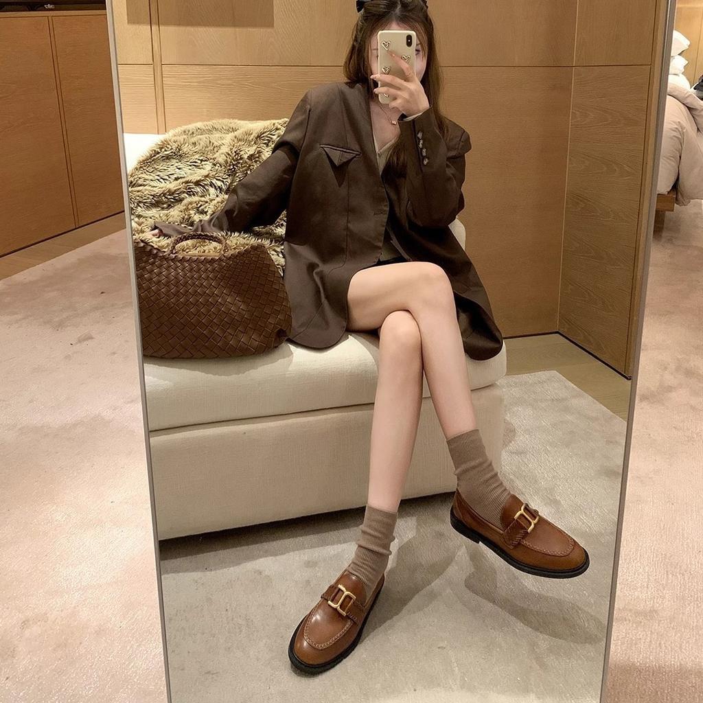 Cowhide version ~ Su Yinyin's same retro small gold buckle genuine leather thick sole is heightened and a foot of loafers women's small leather shoes