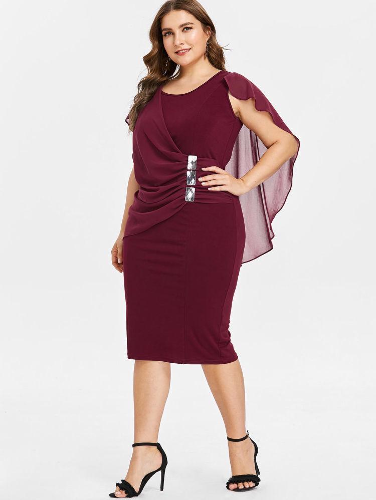 

Платье миди бодикон асимметричного кроя большого размера с шифоновой шалью - Европейский и американский стиль 5XL вино красного