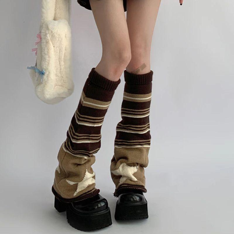 Black Gray Stripe Star Sock Leg Warmers Women Knit Stacked Socks Wide Leg JK Student Calf Sleeves