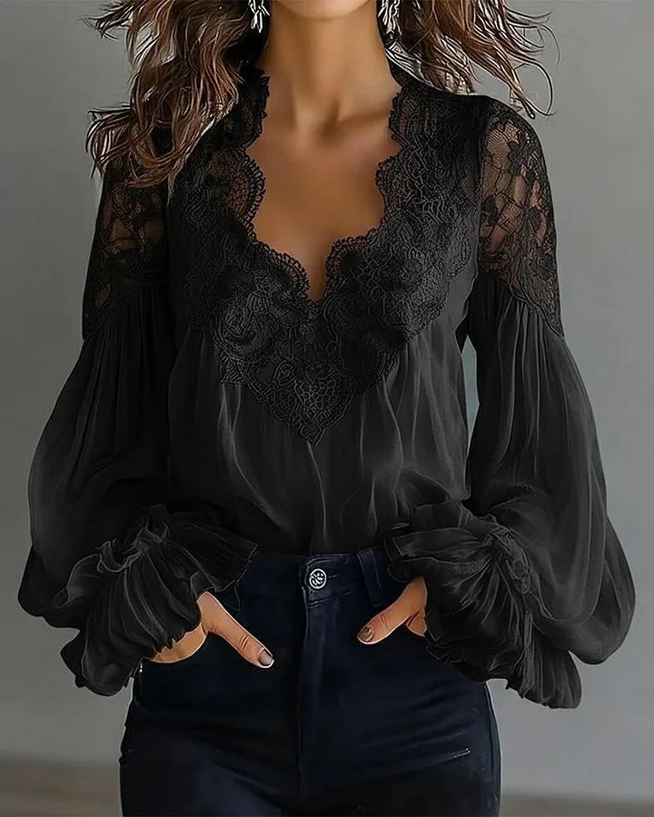 2026 Lace Patchwork Puff Sleeve Pleated Women's Shirt