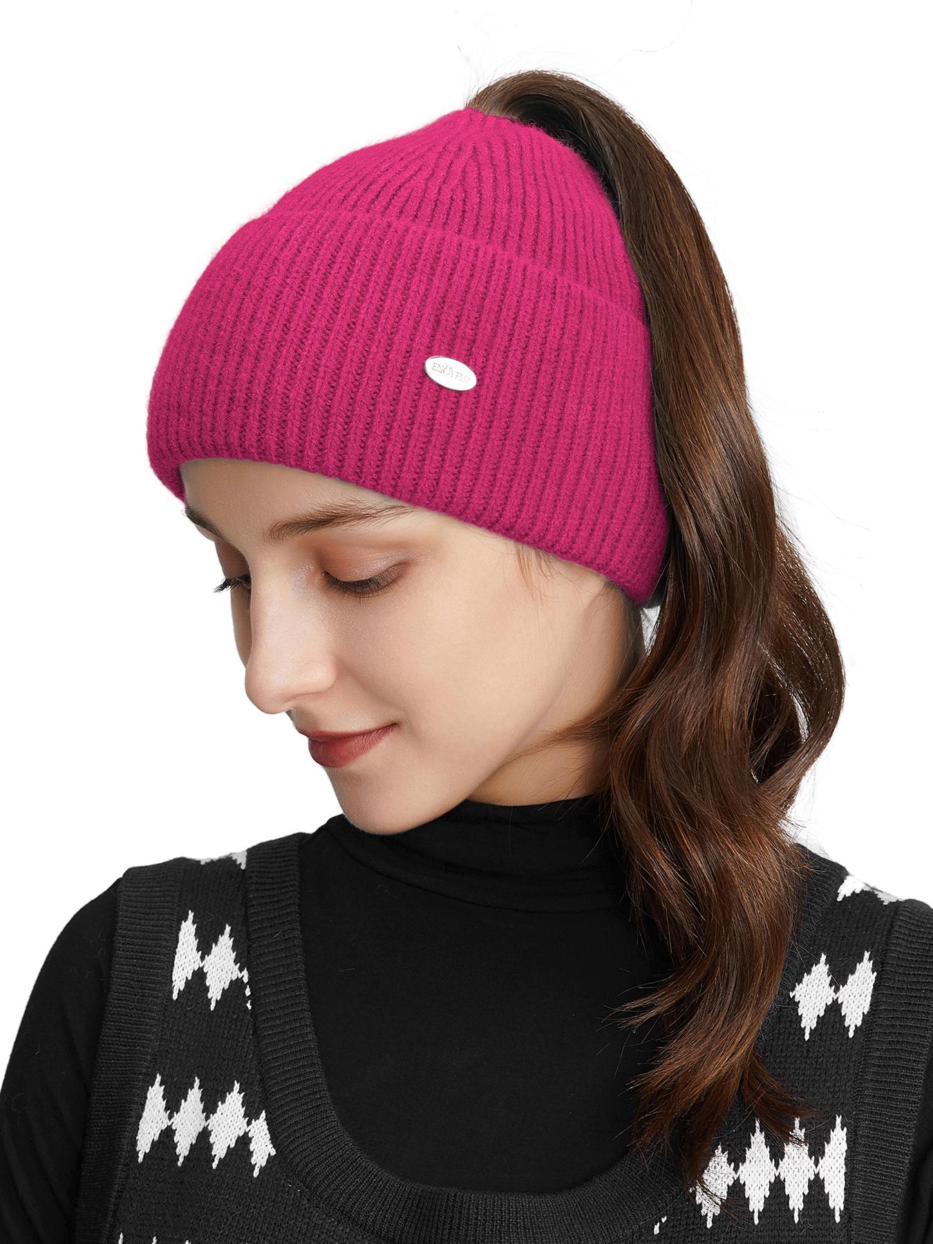 

Женская вязаная шапка с открытыми косами, осенне-зимняя теплая шапка для защиты ушей, женская коса высокий хвост One Size роза розовый