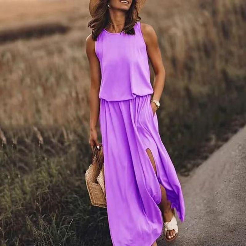 round-Neck Sleeveless Split Dress Loose Solid Color Round Neck Sleeveless Fork Dress
