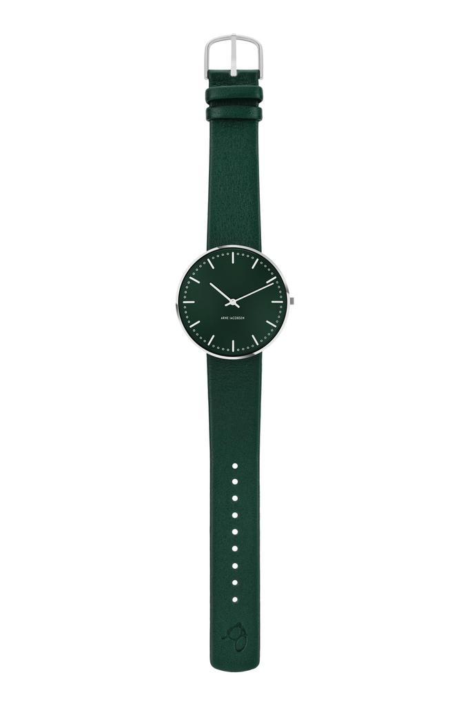 ARNE JACOBSEN STATION 53209-2088P, 40mm, Scandinavian Design, Water Resistant (Quiet Design with No Second Hand), Evergreen Leather Strap