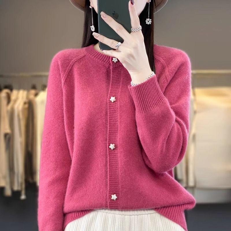 Women's Lazy Style Crew Neck Star-Button Knit Cardigan Sweater Undershirt Jacket