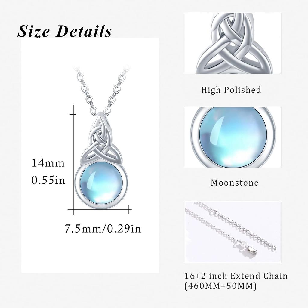 CUOKA MIRACLE Celtic Knot Moonstone Necklace for Women, 925 Sterling Silver, Rainbow Synthetic Moonstone, Jewelry Chain 16-18 inches, Perfect Gift
