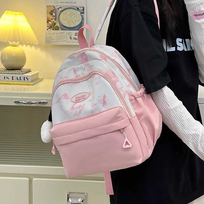 Solid color schoolbag for female junior high school students, high-value college style backpack for students, ink painting versatile backpack