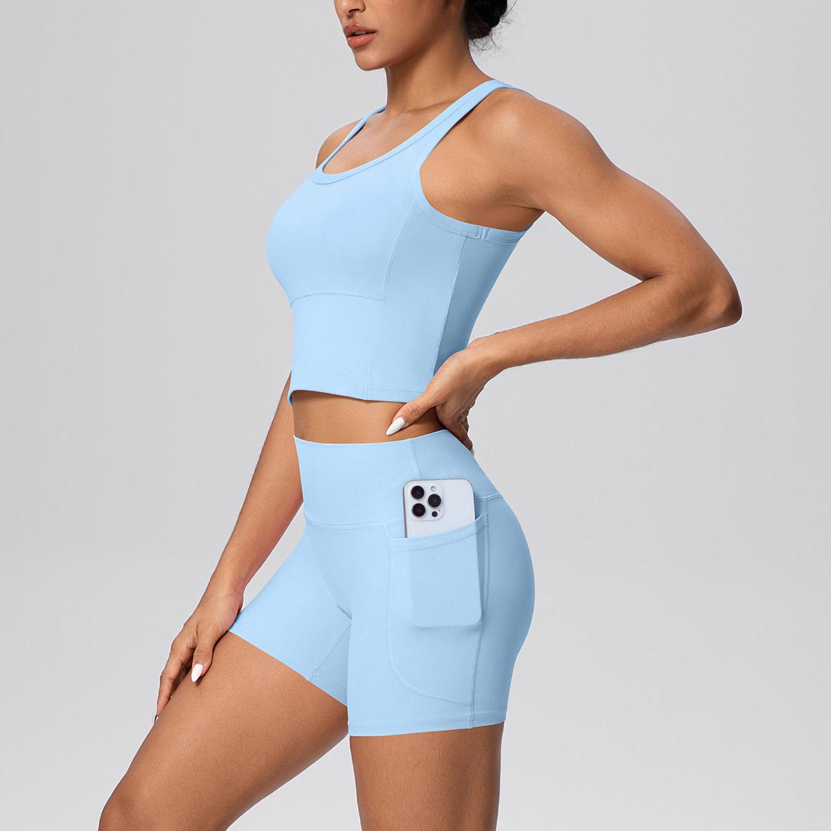Shockproof Sports Vest & High-Waisted Nude Yoga Shorts Set Small