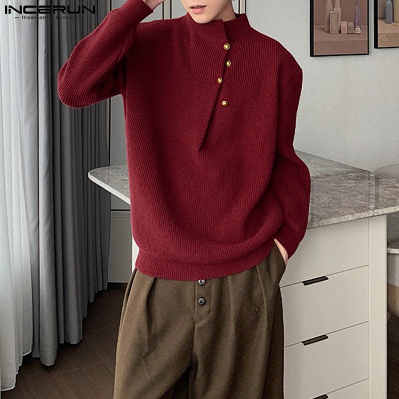 INCERUN Autumn Pullovers Men Stand Neck Long Sleeve Texture Rib Knitted Casual Tops