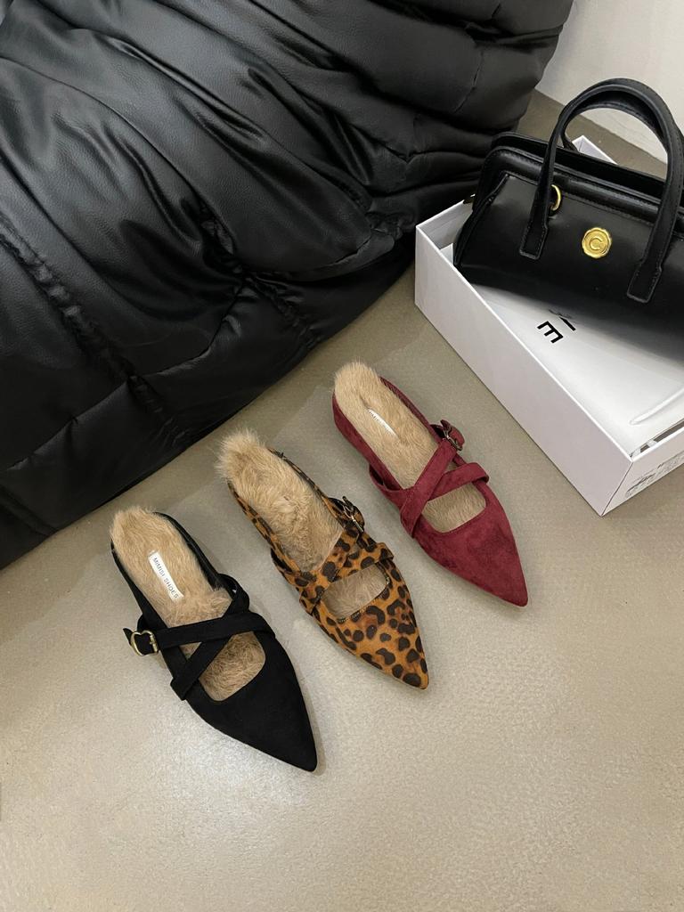 2025 autumn new suede one-word with real rabbit fur thick-soled outer wear half drag inner thick-soled leopard print women's tide shoes