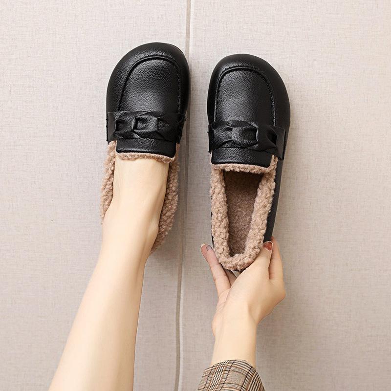Real Soft Leather Velvet Women's Shoes Autumn and Winter New Soft-soled Comfortable Shoes Flat Leather Shoes Warm Cotton Shoes