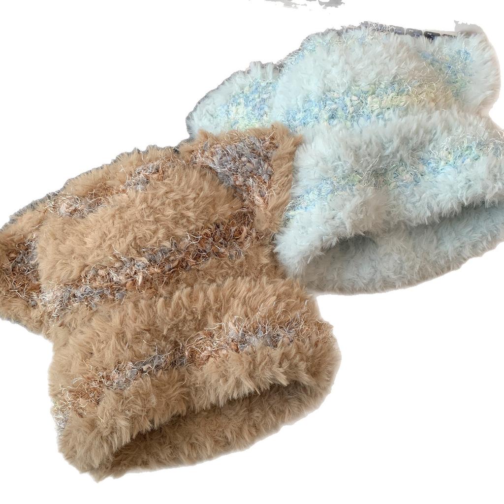 Autumn and winter cute mixed color striped cat ears plush knitted hat women's face small wool hat warm ear hat