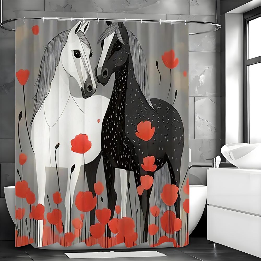 White Horse Black Horse and Red Floral Shower Curtain, Bathroom Decorative Shower Curtain, Waterproof Shower Curtain with Hooks