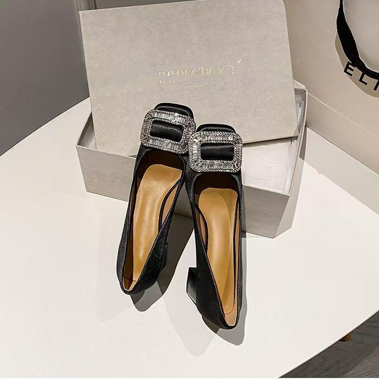 Women's 2025 Spring/Autumn Square Toe Rhinestone High Heels with French Satin Buckle