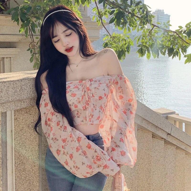 Dámská ramínka šifonové košile Umbilical Top Flowers Sladké tričko