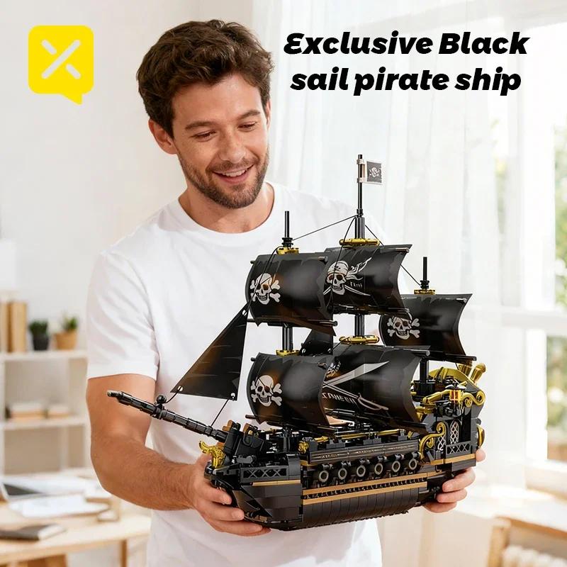 Blocos de Construção Navio Pirata Vela Negra Veleiro de 3 Mastros Tijolos Colecionável para Adultos Modelo de Montagem DIY Decoração de Exibição Brinquedo Presente