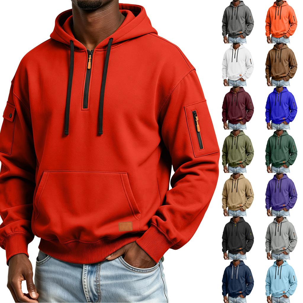 Men's Color Hooded Sweatshirt with Leather Patch and Pockets, Comfortable Casual Everyday Pullover