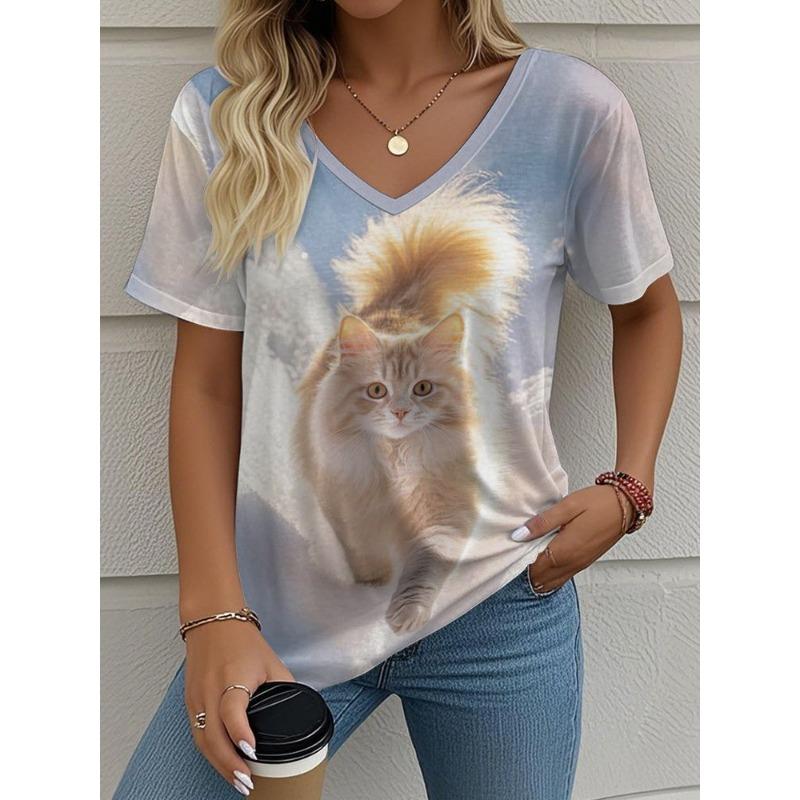 Women's summer casual V-neck short-sleeved T-shirt, with fashionable 3D print, suitable for outings or at home