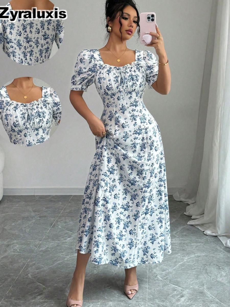 New Summer  Elegant Bubble Sleeve Ruffles Dress S