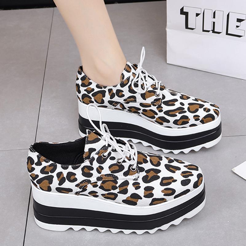 fashion Women's Round Toe Leopard Print Oxfords Lace Up Chunky Platform Casual Shoes Woman Thick Bottom Non Slip Trainers Plus Size 43