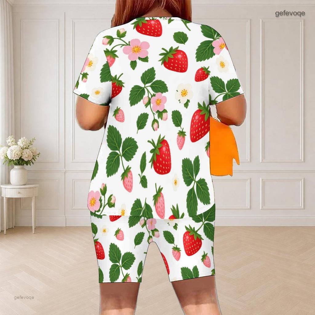 Women Plus Size White Floral Printed Round Neck Short Sleeve Top Fitted Shorts Two Piece Set