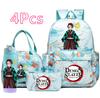 4-teiliges Set mit aufgedrucktem Demon Slayer-Cartoon-Rucksack, Handtasche, Federmäppchen und 750-ml-Trinkflasche für Teenager (Jungen und Mädchen) – große Kapazität, wasserdichter Schulrucksack