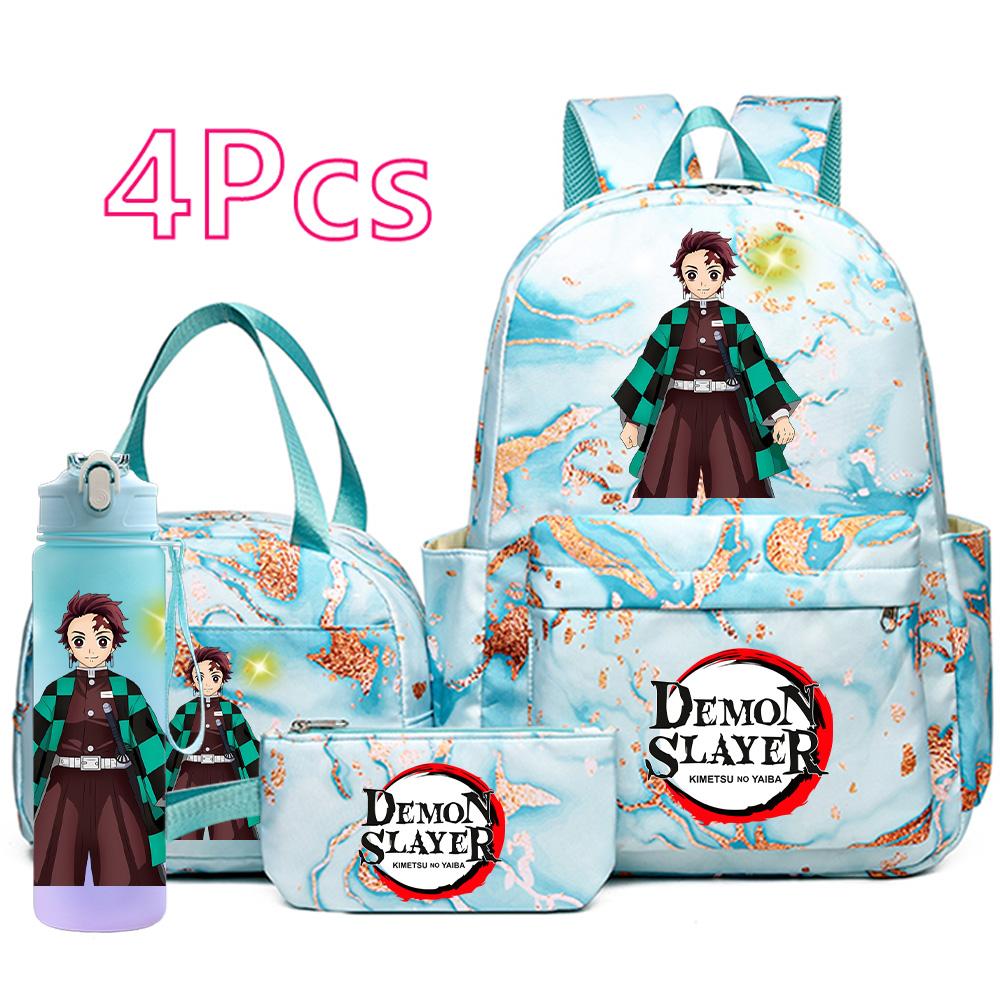 4-teiliges Set mit aufgedrucktem Demon Slayer-Cartoon-Rucksack, Handtasche, Federmäppchen und 750-ml-Trinkflasche für Teenager (Jungen und Mädchen) – große Kapazität, wasserdichter Schulrucksack