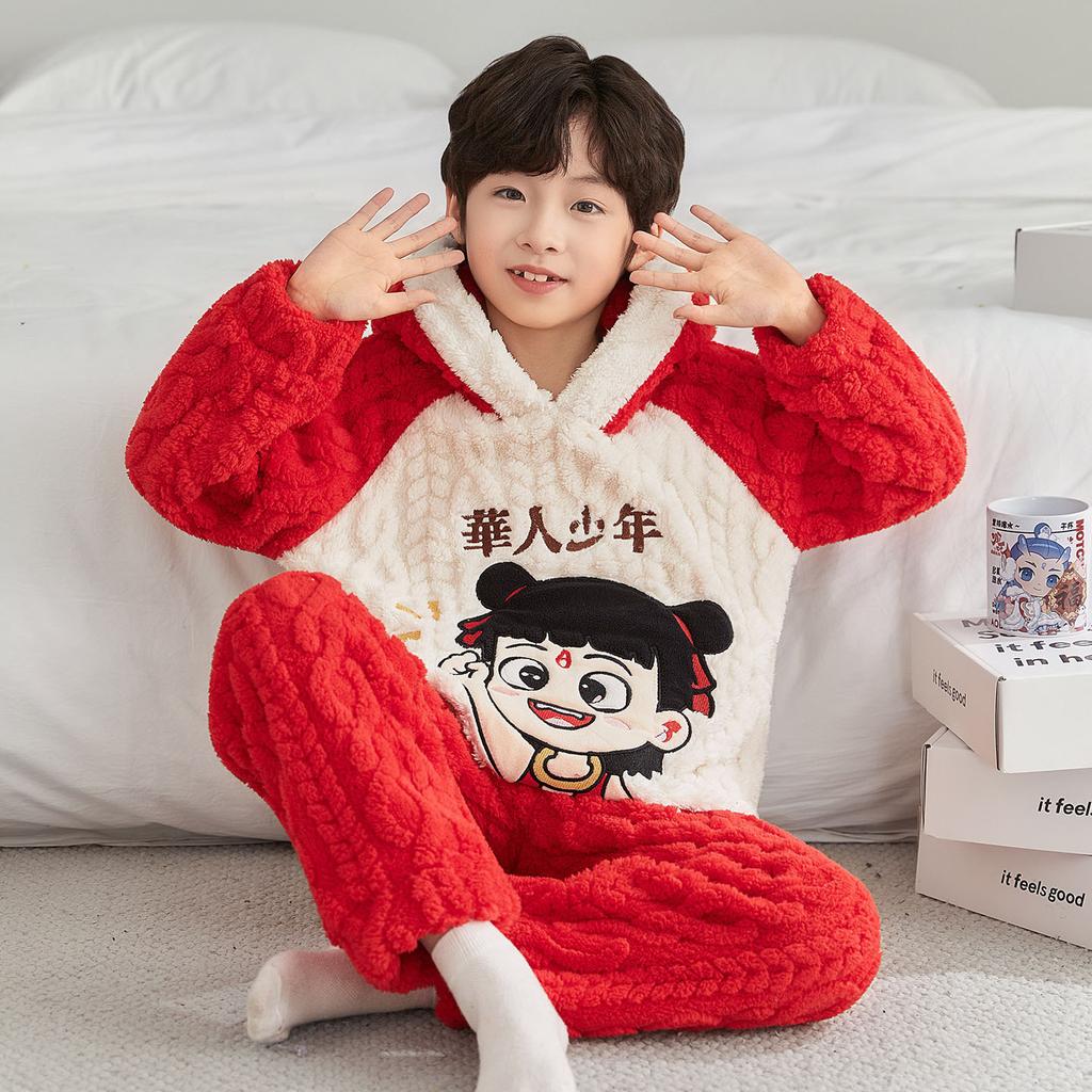 Kids Flannel Pajamas Set Boys Girls Warm Long Sleeve Top And Pants Sleepwear Winter Home Nightwear