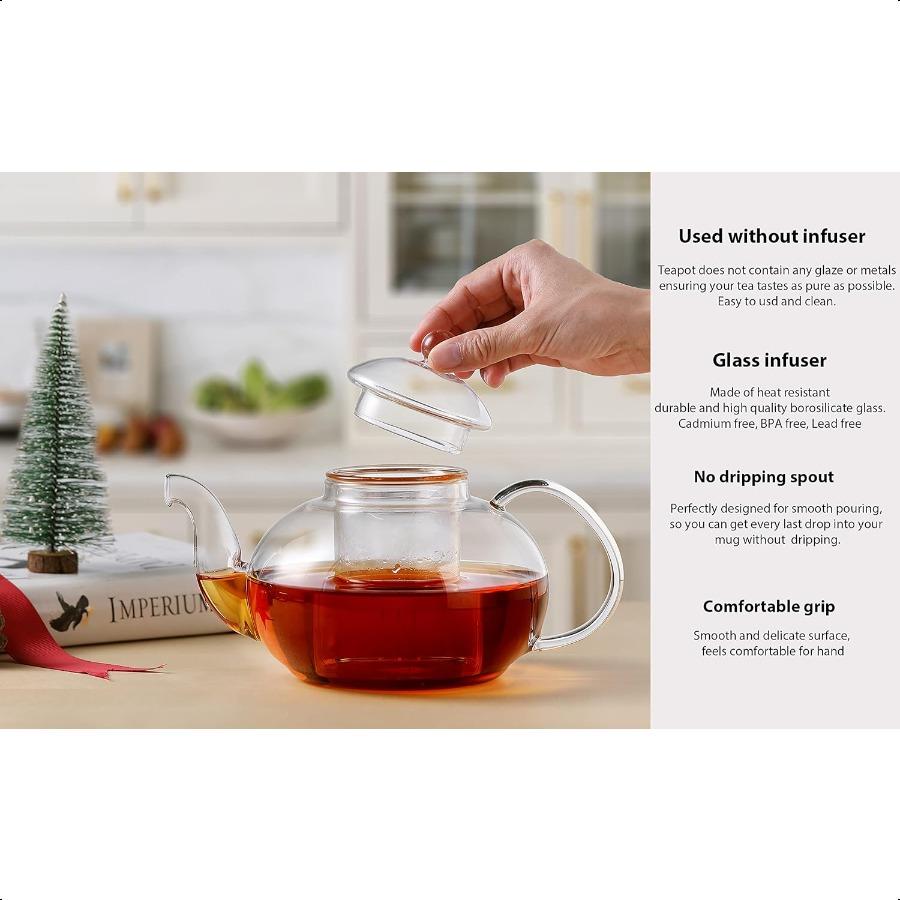 Glass Teapot Stovetop SafeClear Teapot with Removable Infuser 20.3 Oz Loose Leaf and Blooming Tea Maker