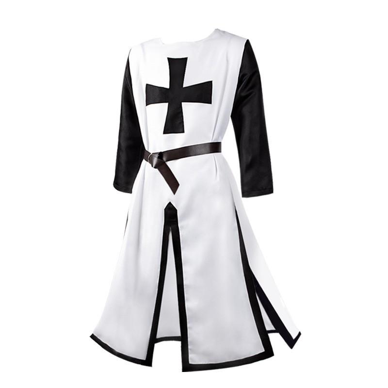 Medieval Vintage Cross-print Long Tunic Men's Costume Robe Belt Classic European-style Stage Festival And Halloween Costume