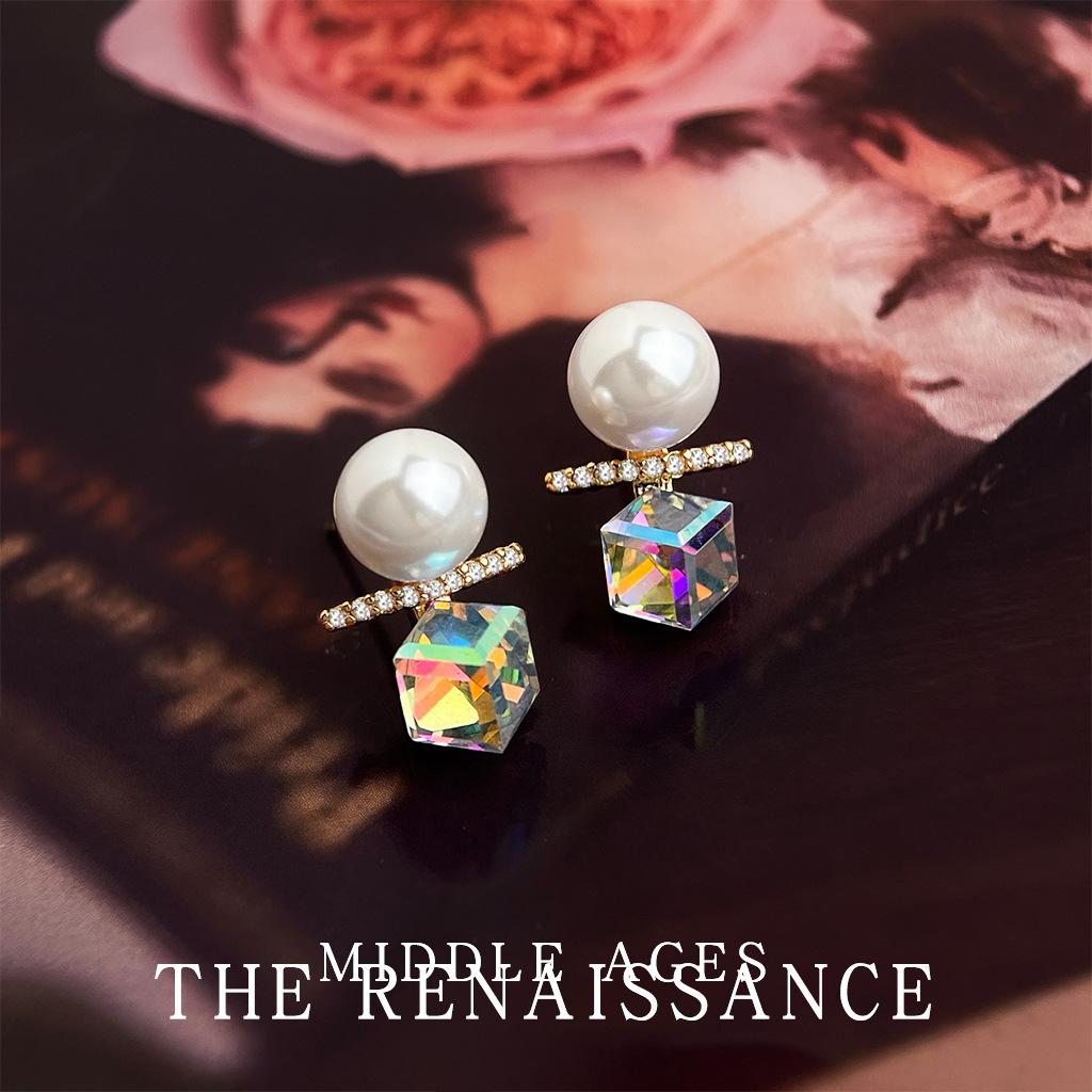 Geometric colorful zircon pearl earrings niche design fashion earrings