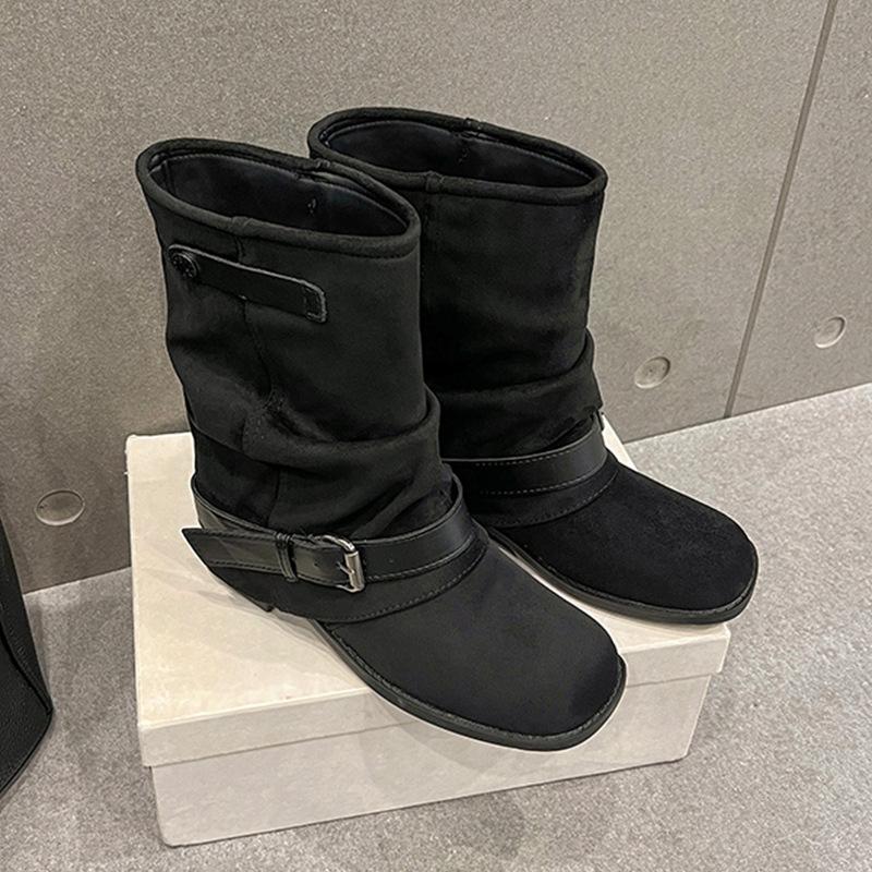Retro style square head pleated sleeve stacking boots women's 2025 autumn and winter new versatile double-breasted belt buckle cigarette boots