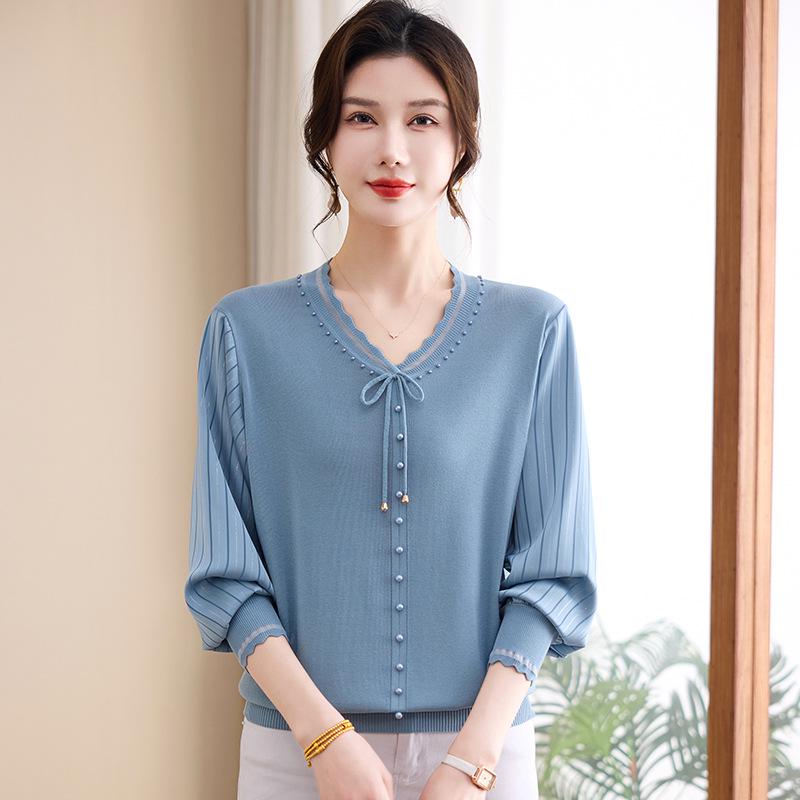 

Elegant Age-Reducing Knit Top for Women - Stylish Spring & Autumn Wear 2XL (Recommended 120-140 jin) синий