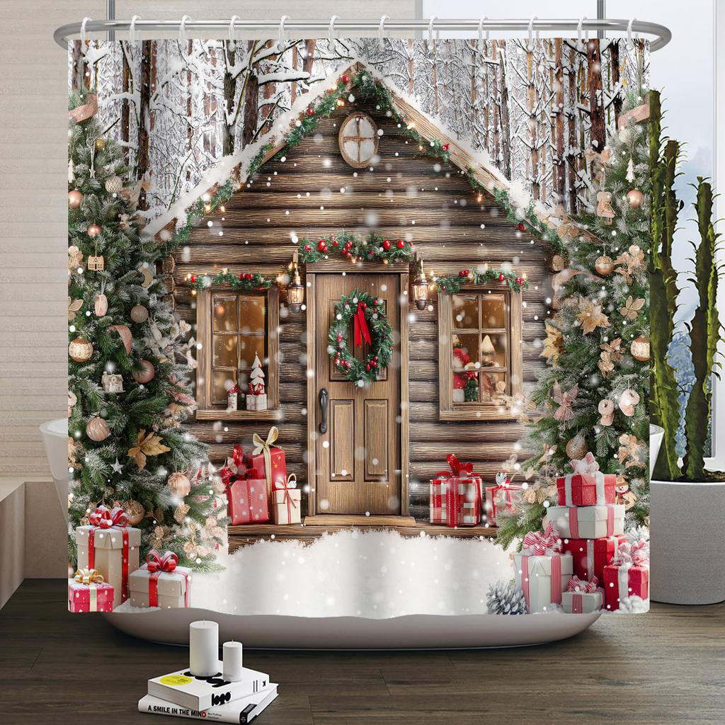 Christmas Shower Curtain Snowflake Snowman Winter Forest Bathroom Bathtub Decoration Waterproof Fabric With Hooks