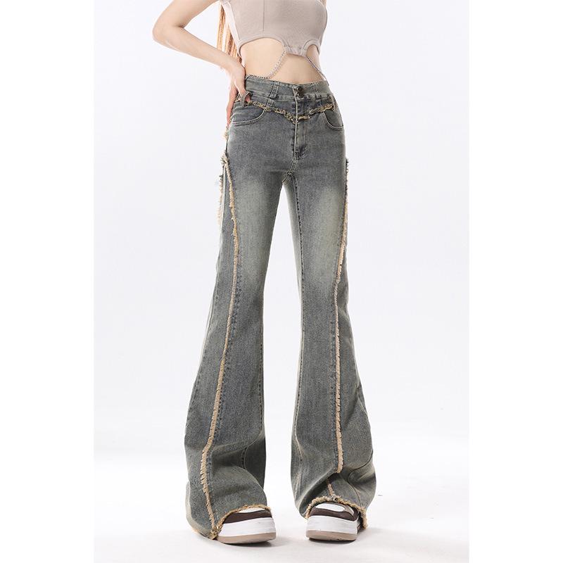 

Новые женские винтажные тонкие длинные брюки с высокой талией в американском стиле и подковообразным рогом L синий