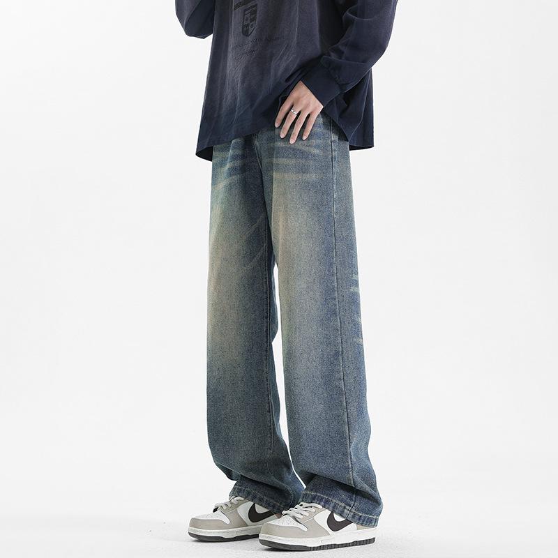 Yadu Four Seasons Washed Denim Jeans: Retro Hong Kong Style Loose Straight-Leg Casual Pants for Men & Women M