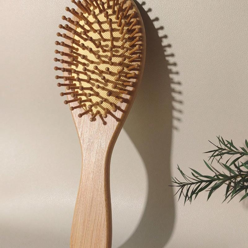 1pc Oval Air Cushion Bamboo Comb, Natural Bambin/Curly/Dry Hair, Suitable for Men and Women, Massages Scalp Anti-Static Hair Detangle